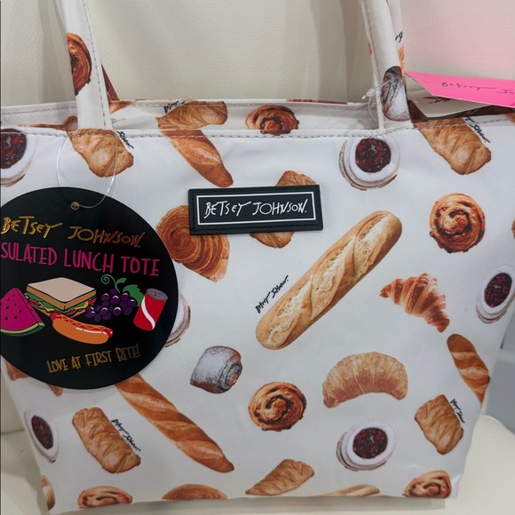 Betsey Johnson White/Brown/ "Croissants/Jam/French Pastry Print Lunch Tote Bag - Picture 2 of 5